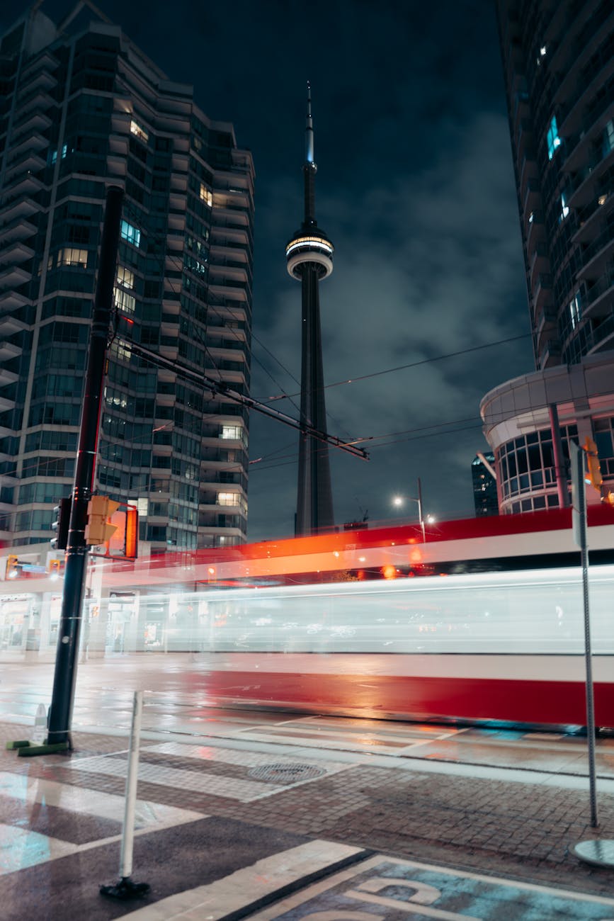 Night photo of the streetcar system in Toronto